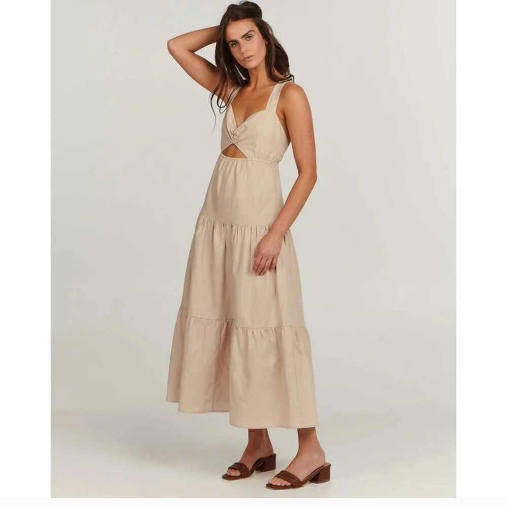 Charlie Holiday Lilian Linen Tiered Cutout Sleeveless Midi Dress